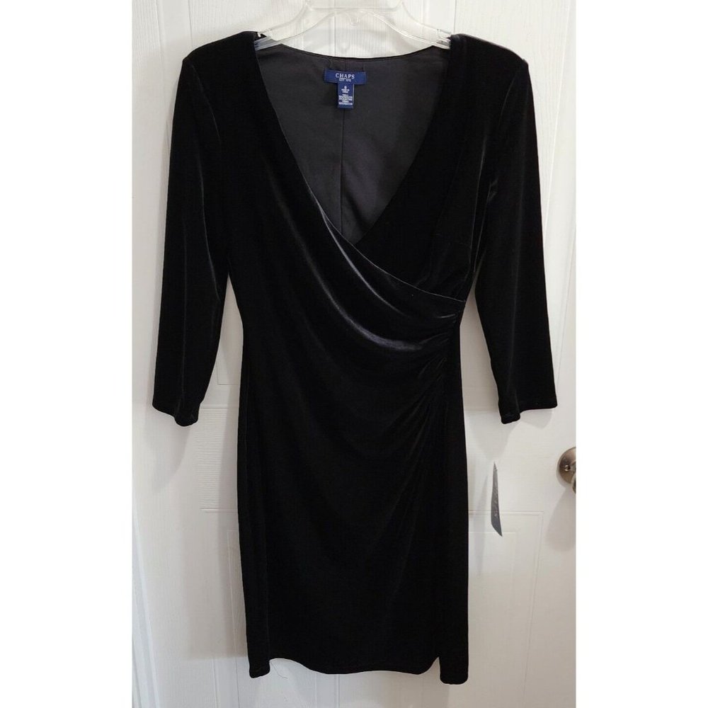 NEW Chaps Womens Faux Wrap Dress 3/4 Sleeve V-Neck Black Velvet Size 8 $100 MSRP